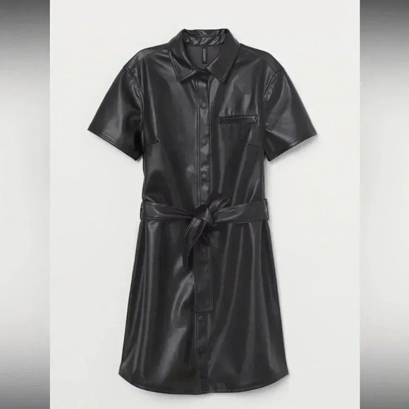 H&M Faux Leather Mini Dress, Short  Sleeves, Belted, SM, Goth Grunge Sexy - Picture 7 of 12